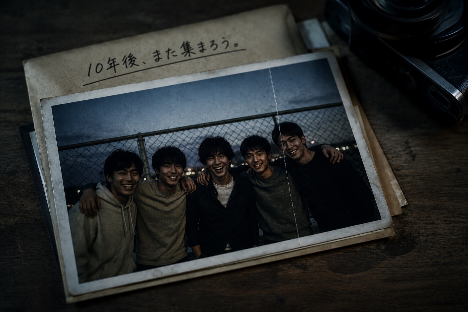 木の机に置かれた古い集合写真。5人が並んで写り、上に手書きの文字が添えられている