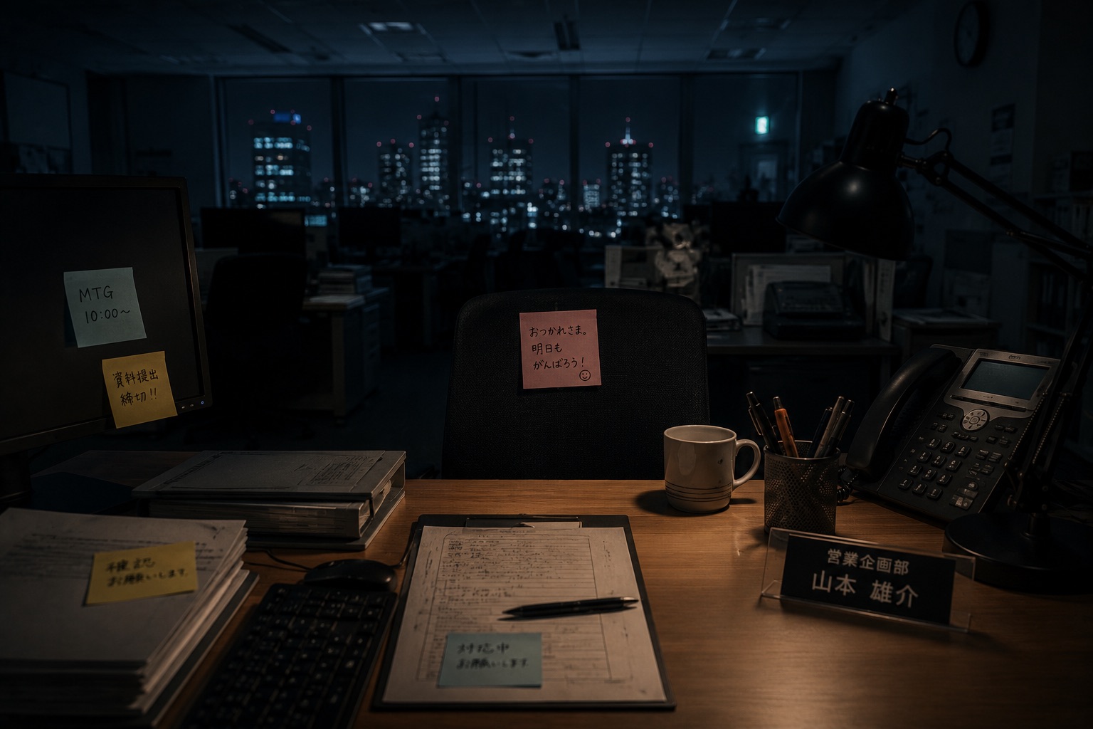 夜のオフィス。無人のデスクに書類とマグカップが置かれ、椅子に手書きのメモが貼られている