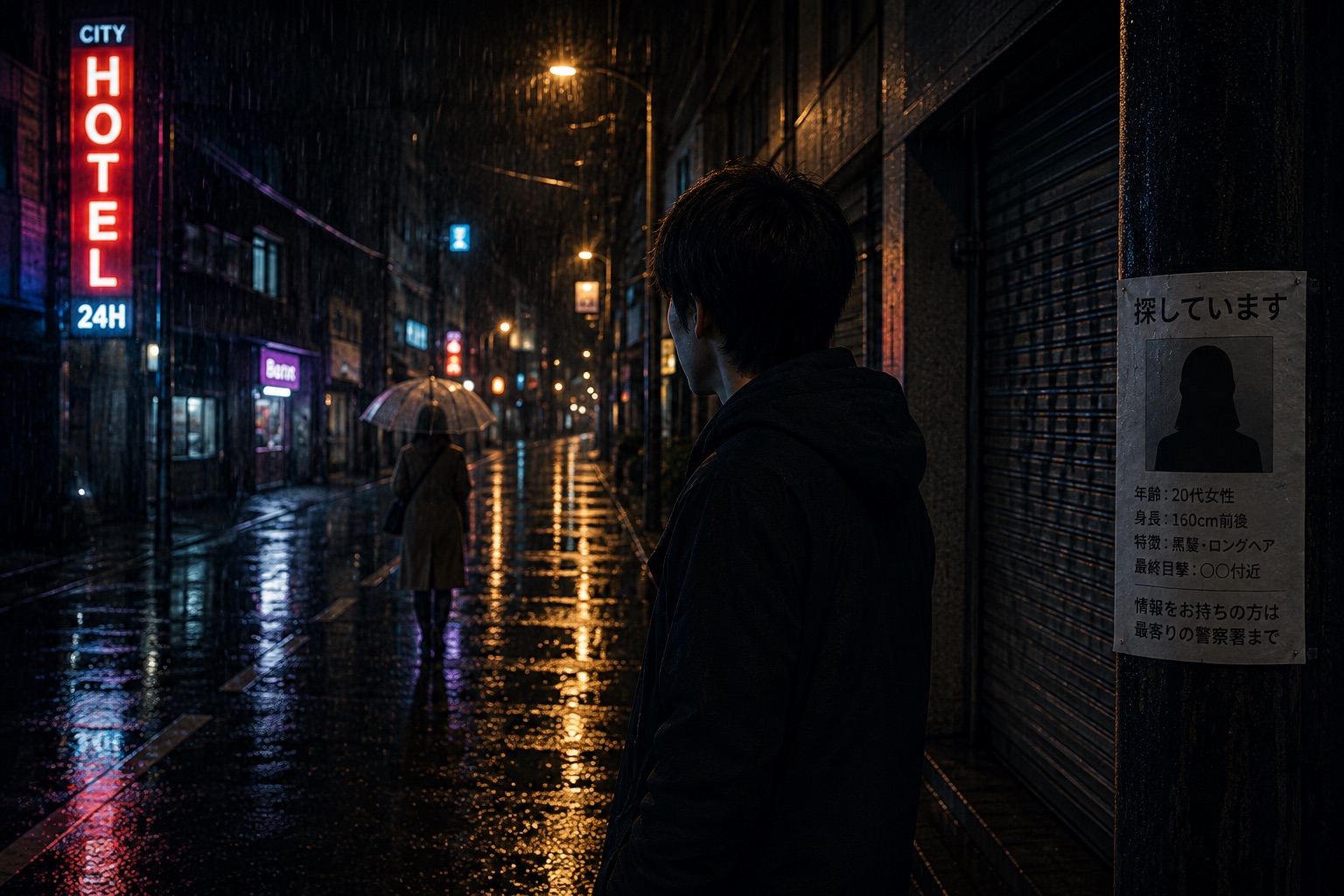 雨の夜の街路。傘をさす人影の先に、電柱に貼られた紙がある
