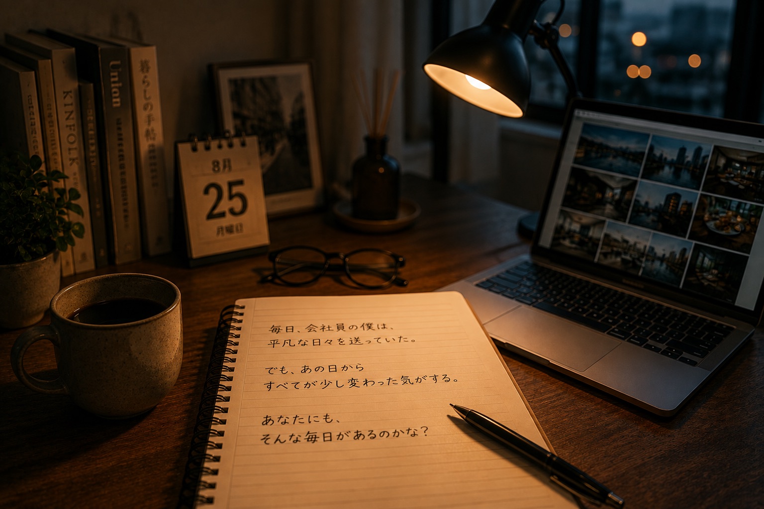夜の机。スタンドの明かりの下に開いたノートとペン、奥にノートパソコンが置かれている
