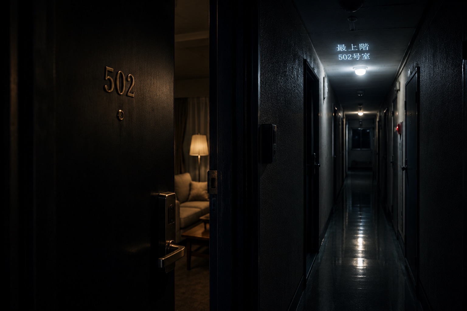 夜のマンションの共用廊下。手前に502と番号のついたドアが半開きになっている