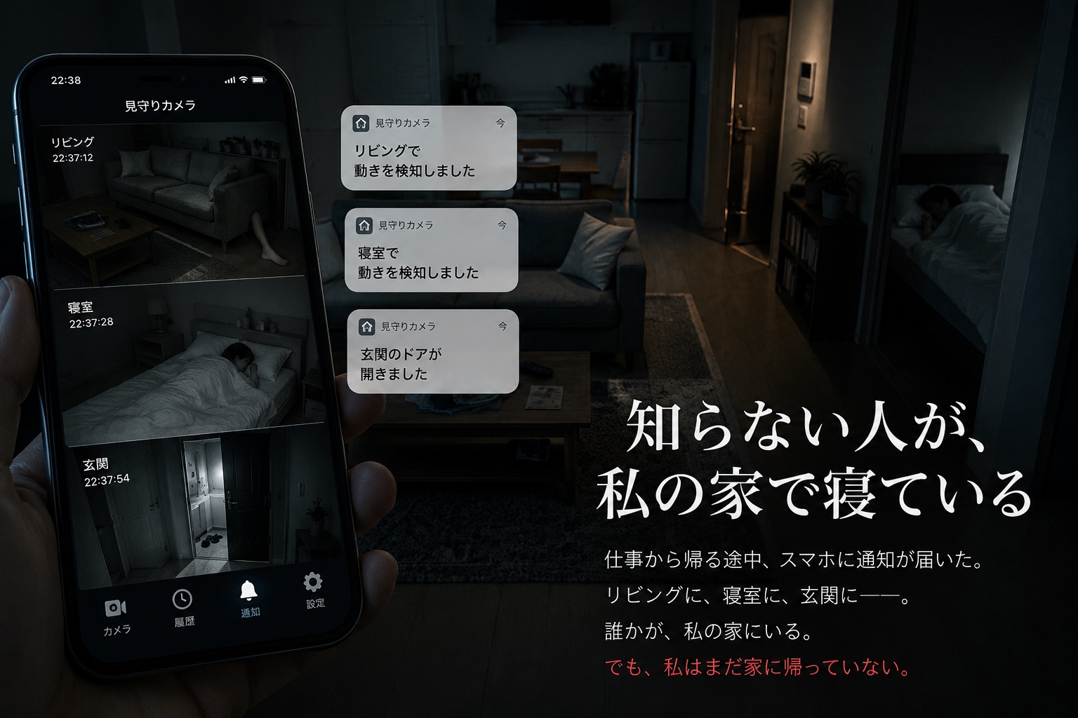 見守りカメラのアプリ画面と、その奥に見える暗い部屋