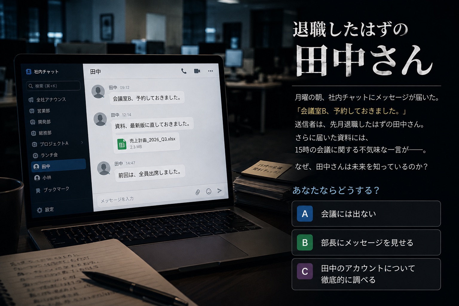 消灯後のオフィス。机の上でノートパソコンだけが光り、チャットの画面が開いている