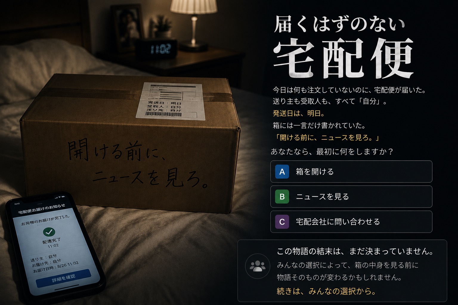 暗い寝室のベッドに置かれた段ボール箱と、その手前のスマートフォン